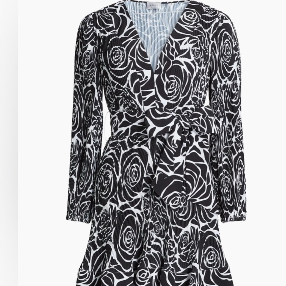 Milly Black and White Rose Print Long Sleeve Dress